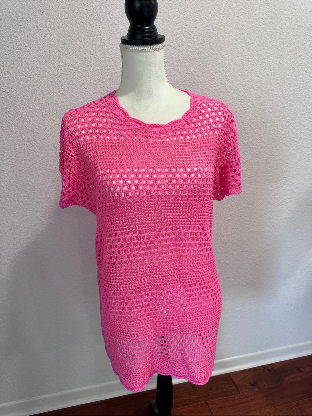 Bright Pink Crochet Short-Sleeve Women's Swim Coverup/Dress